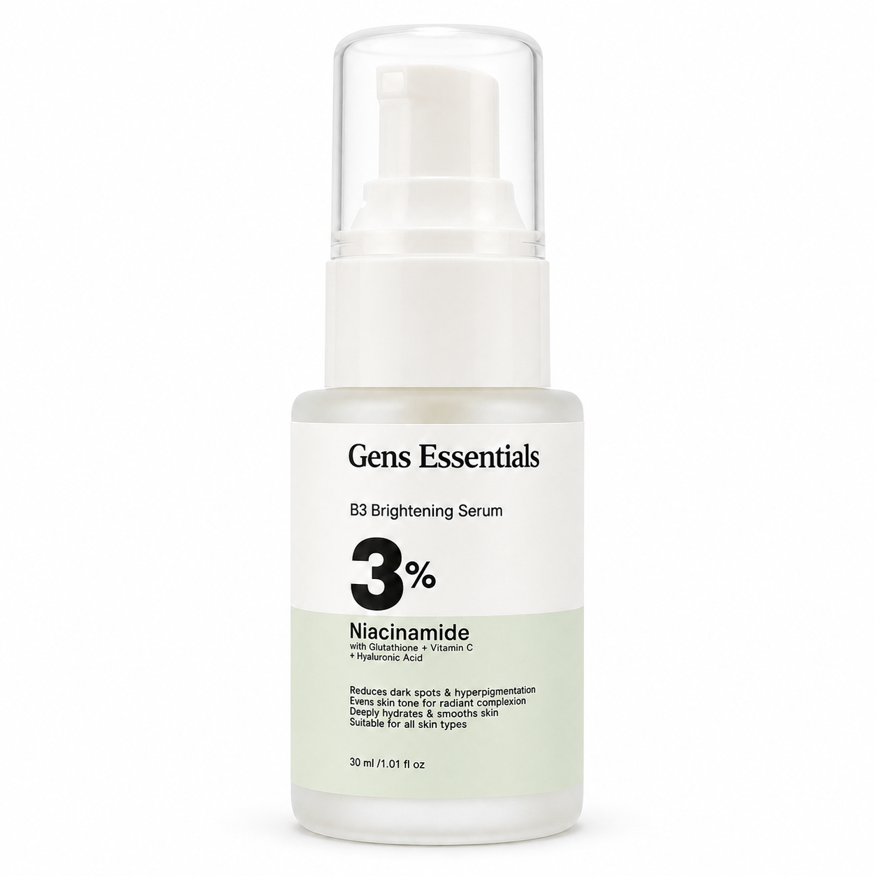 Gens Essentials B3 Brightening Serum bottle on a white background