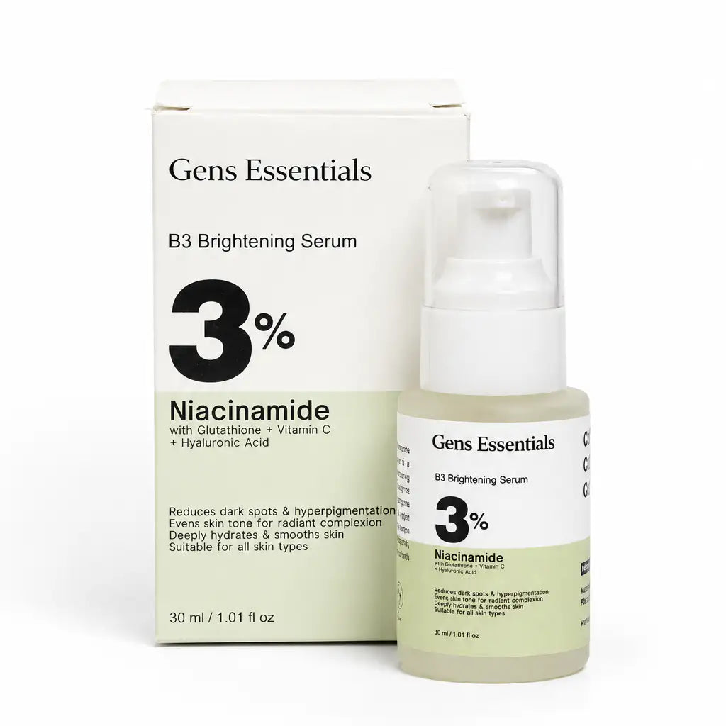 Gens Essentials B3 Brightening Serum with Niacinamide 3% packaging on a white background  B3 Brightening Serum Gens Essentials  Gens Essentials